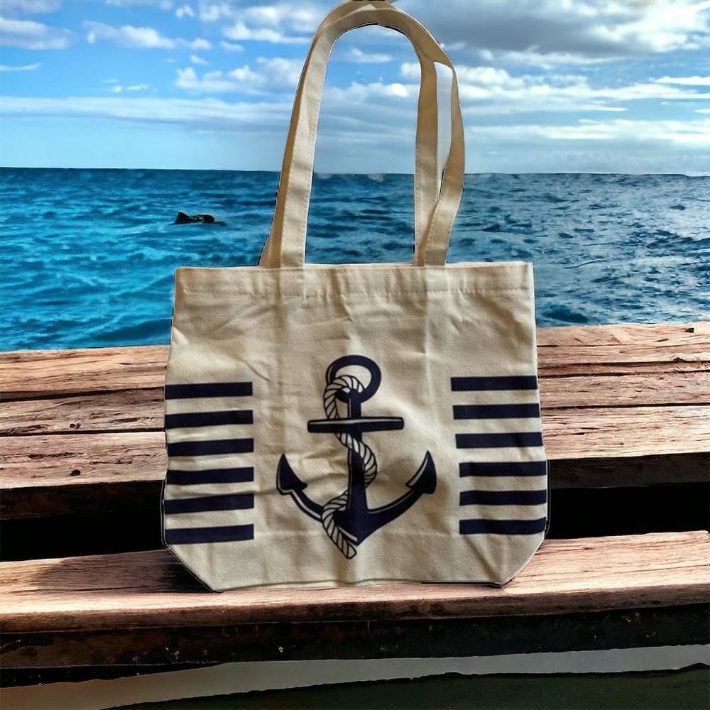 Nautical Theme Anchor Canvas Tote Bag with an Inner Pocket Top Zipper